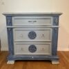 It is very clean and sturdy. You can use for entry table or bed side table or dresser too. The color is light blue and highlighted with navy blue and gold. Dimensions Wide 36” Depth 20” Height 34.5”